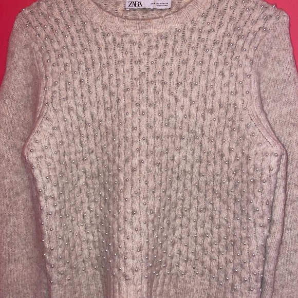 ZARA beige beaded pearl knit sweater size medium - Picture 3 of 3